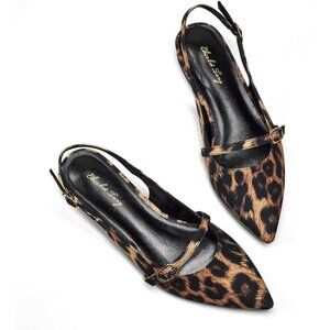 Women Leopard Polyurethane (PU) Rhinestone Pointed Toe Slingback Flats Shoes